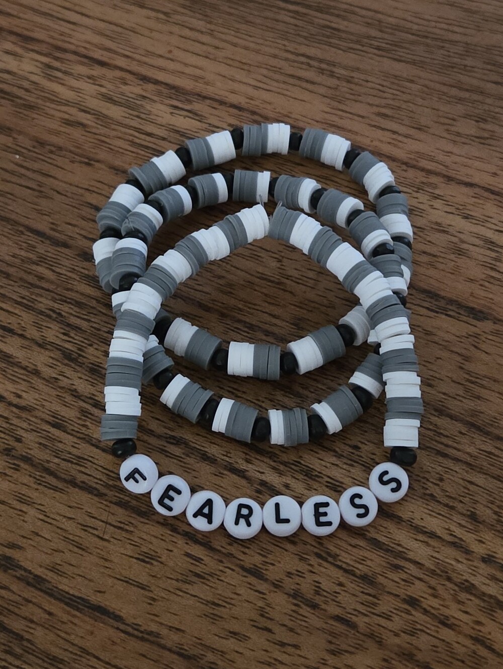 Hand Crafted Gray & White 'FEARLESS' Beaded Bracelet Stack